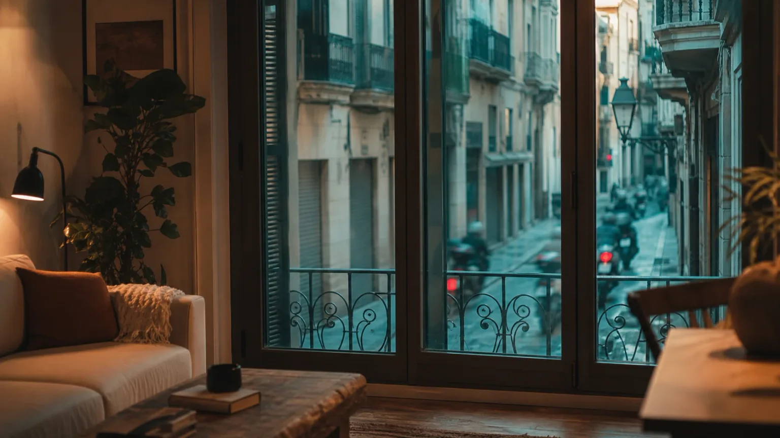 Calm apartment interior against a noisy Valencia street seen through double glazing