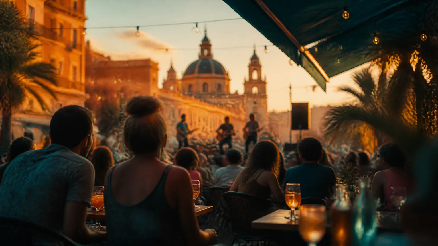 Summer terrace with string lights and a live band in the distance in Valencia