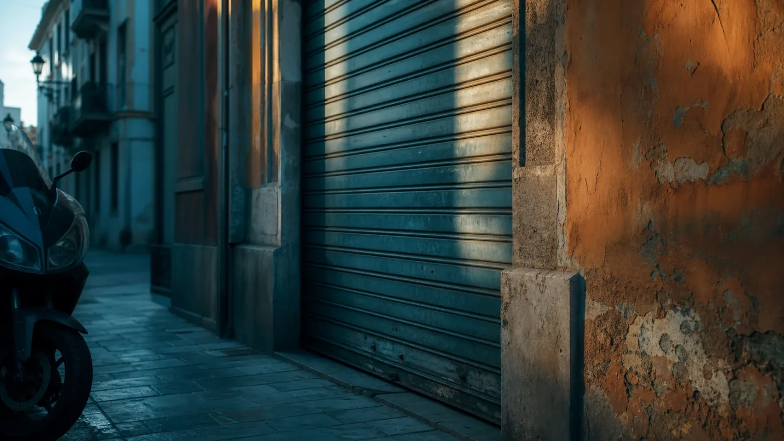 Metal roller shutter on a quiet pre-dawn Valencia street