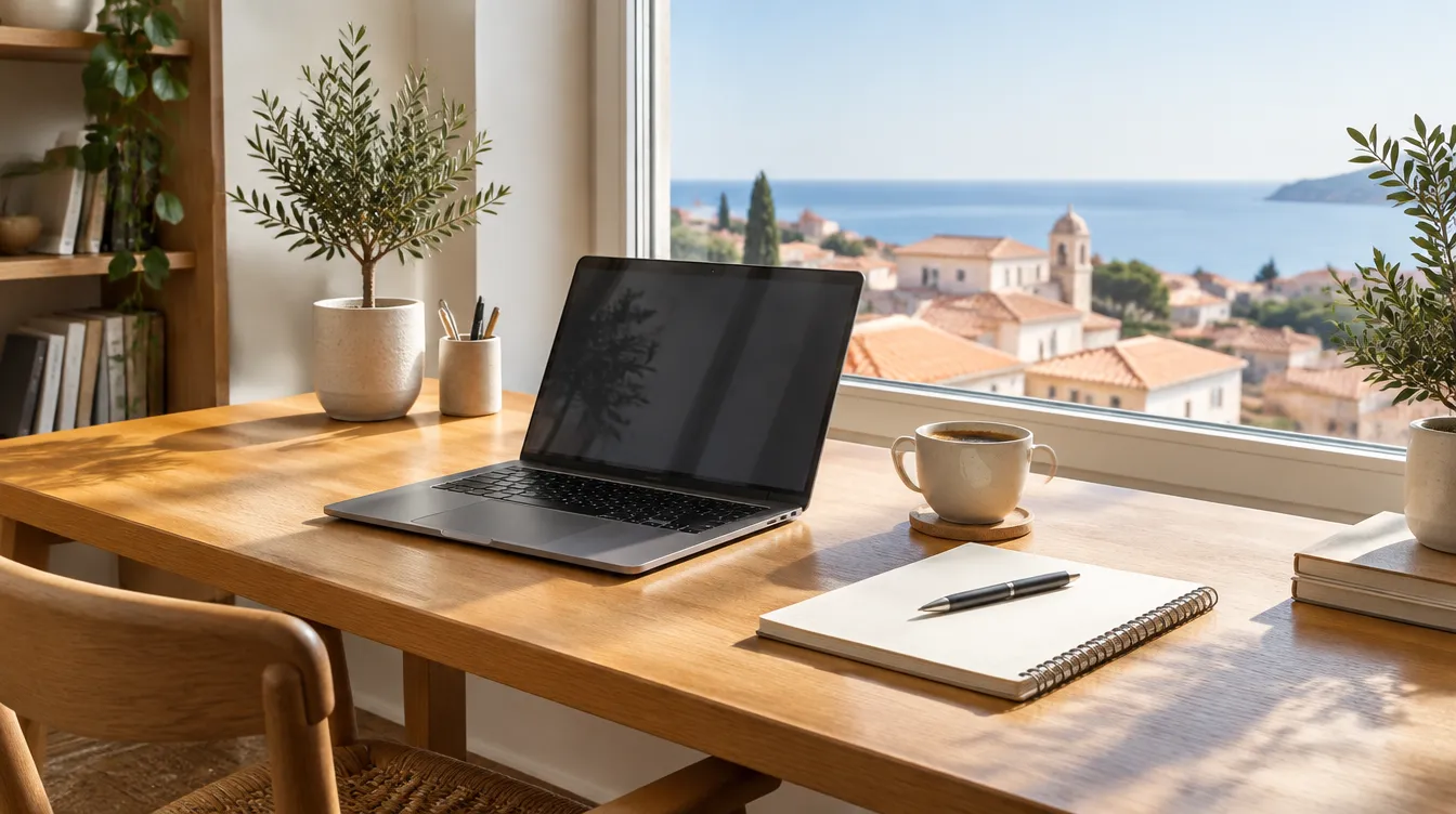 Clean home office desk setup near a sunny window overlooking rooftops