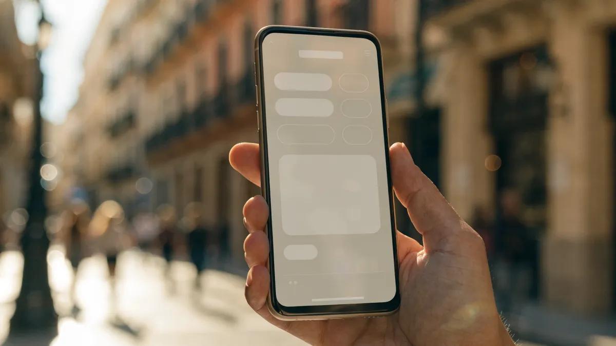 Telefoon met een bankapp en een straat in Valencia op de achtergrond