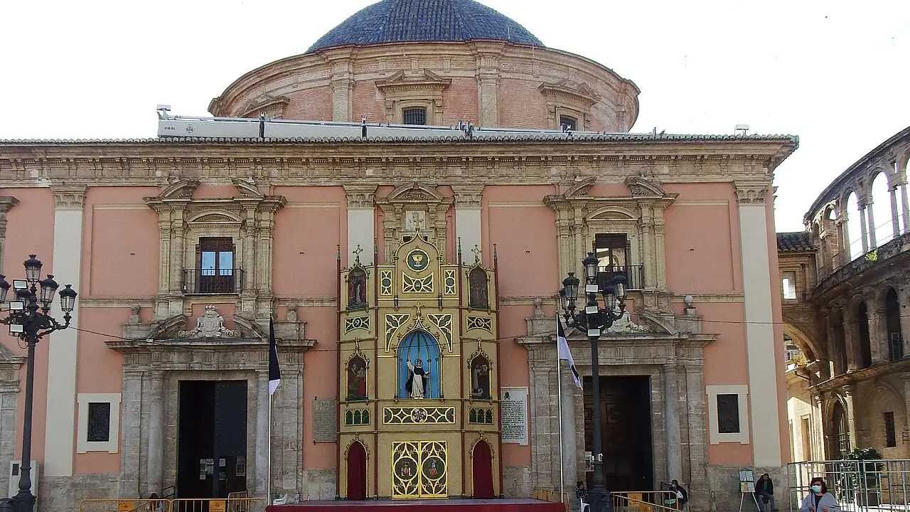 The Basilica de la Mare de Déu dels Desemparats on the Plaça de la Verge in Valencia with a ceremonial altar for Sant Vicent Ferrer set up in front of its facade