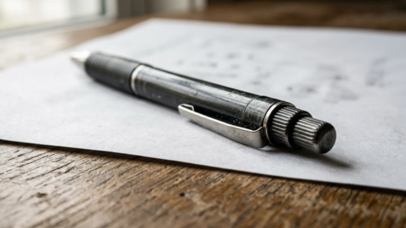 A pen resting on a paper document on a desk, the figures deliberately out of focus