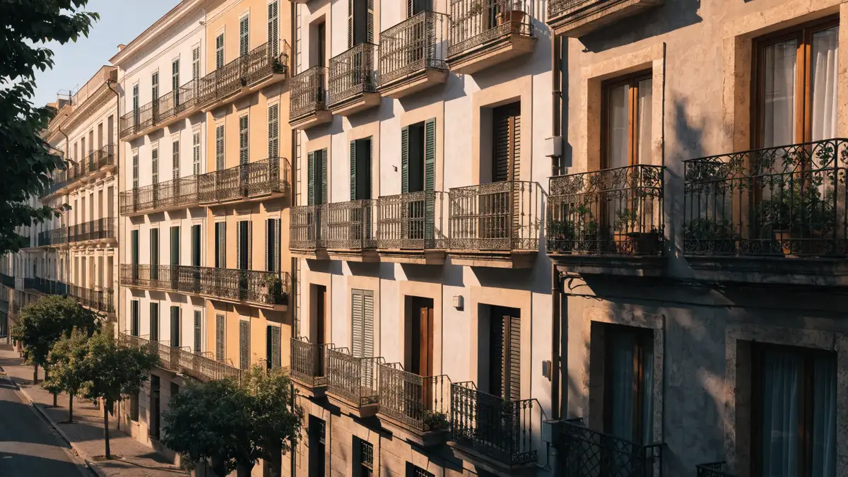 Façades résidentielles de Valencia avec balcons en fer forgé dans la lumière de l'après-midi
