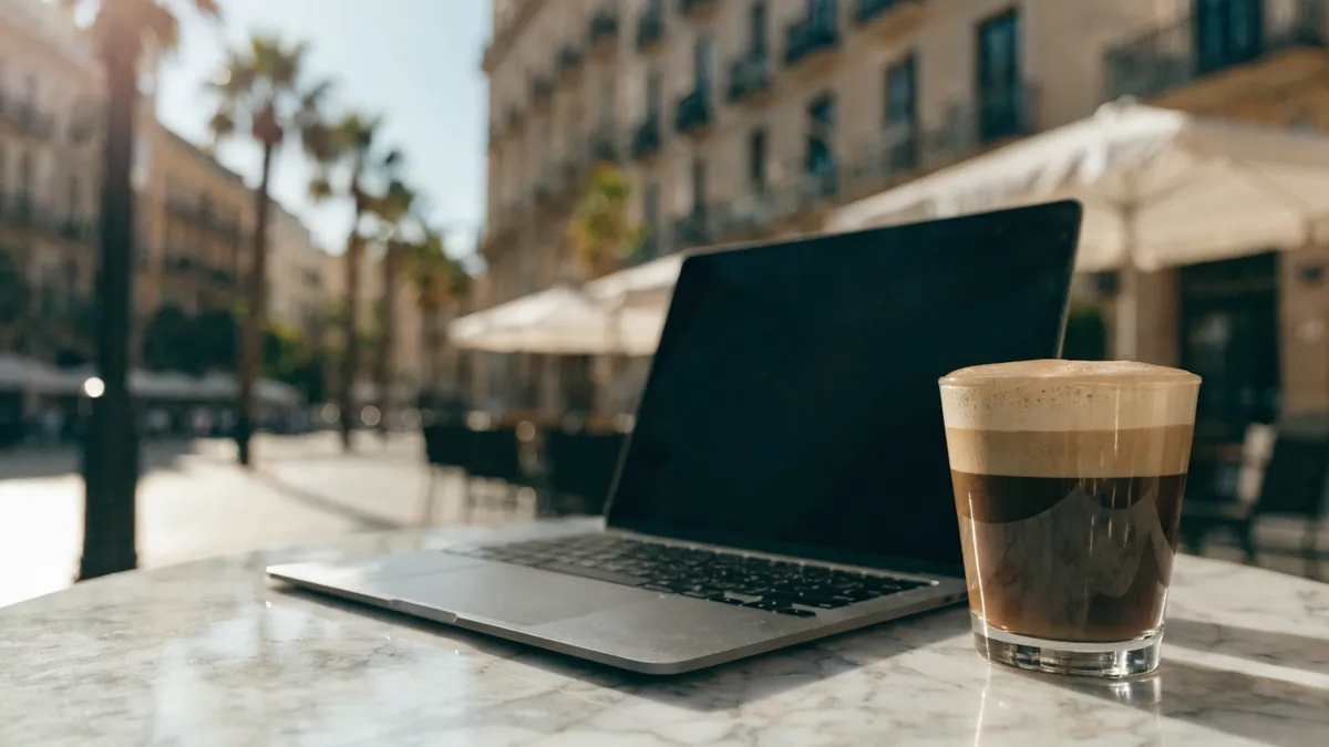 Ordinateur portable et café sur une table de terrasse de café à Valencia