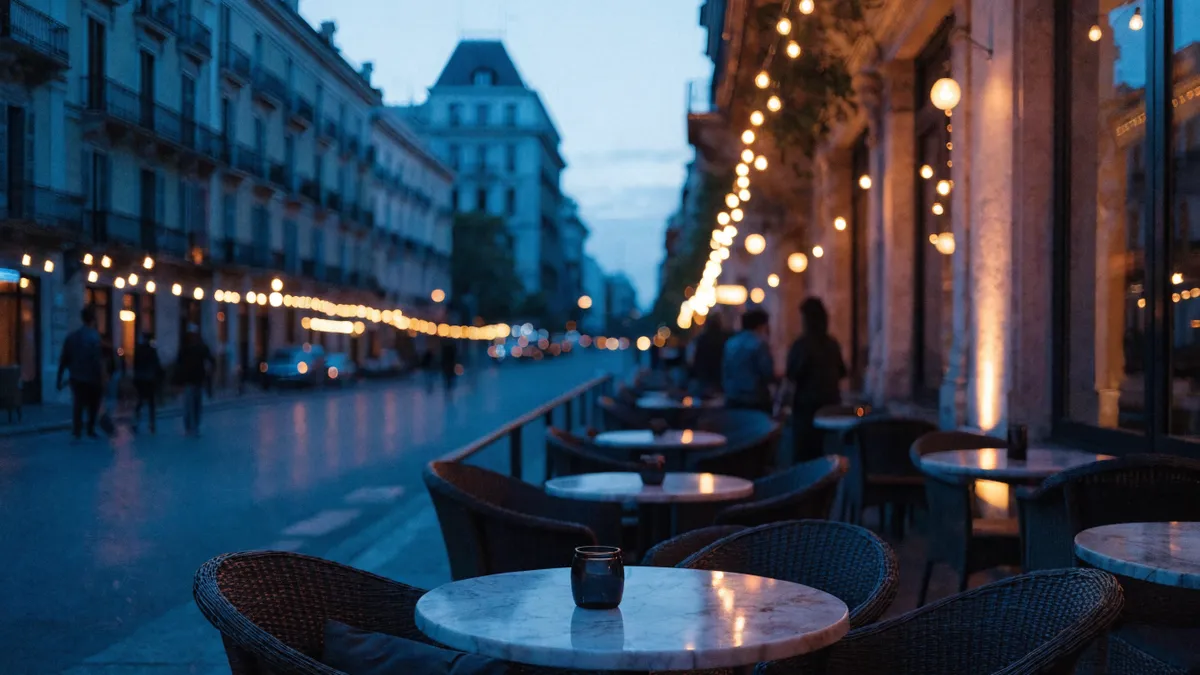Terrasse de café sur un boulevard de Valencia au crépuscule avec des guirlandes lumineuses