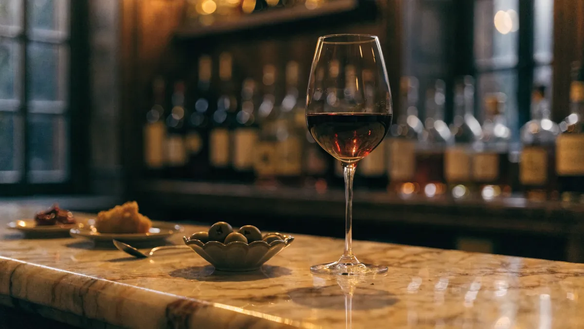Verre de vermouth et tapas sur un comptoir en marbre dans une taverne espagnole