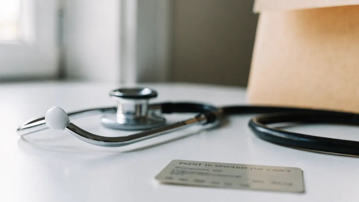Carte d'assurance santé générique à côté d'un stéthoscope sur un bureau