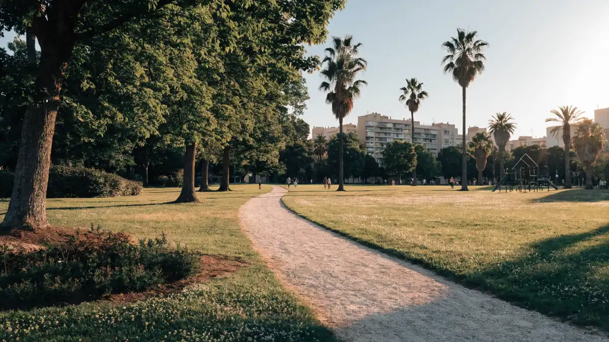 Parc verdoyant de banlieue près de Valencia dans la lumière de fin d'après-midi
