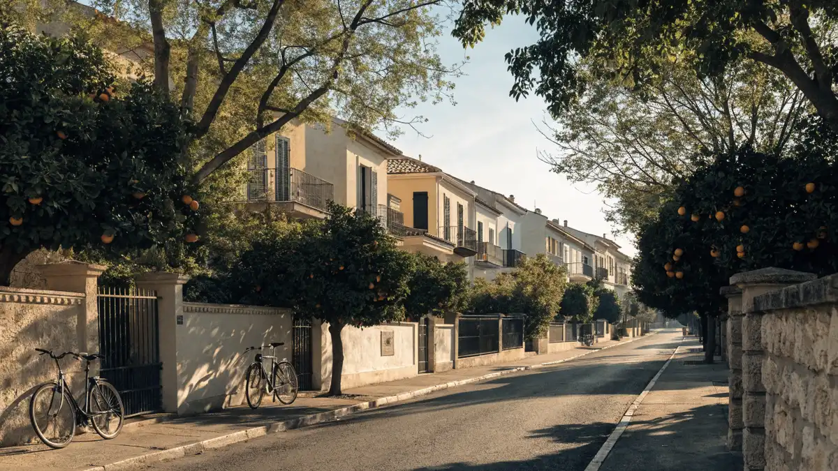 Rue résidentielle calme bordée d'arbres dans une banlieue de Valencia