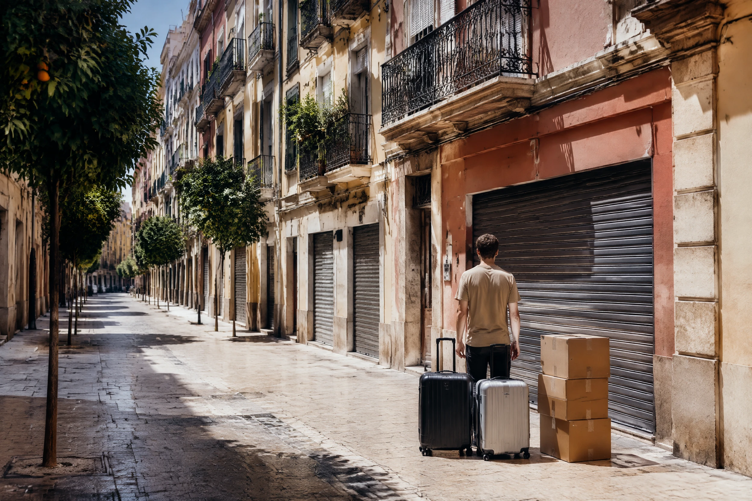 Une ruelle d'El Carmen aux volets fermés, presque vide sous la chaleur d'août, avec un nouvel arrivant et ses bagages face aux commerces clos