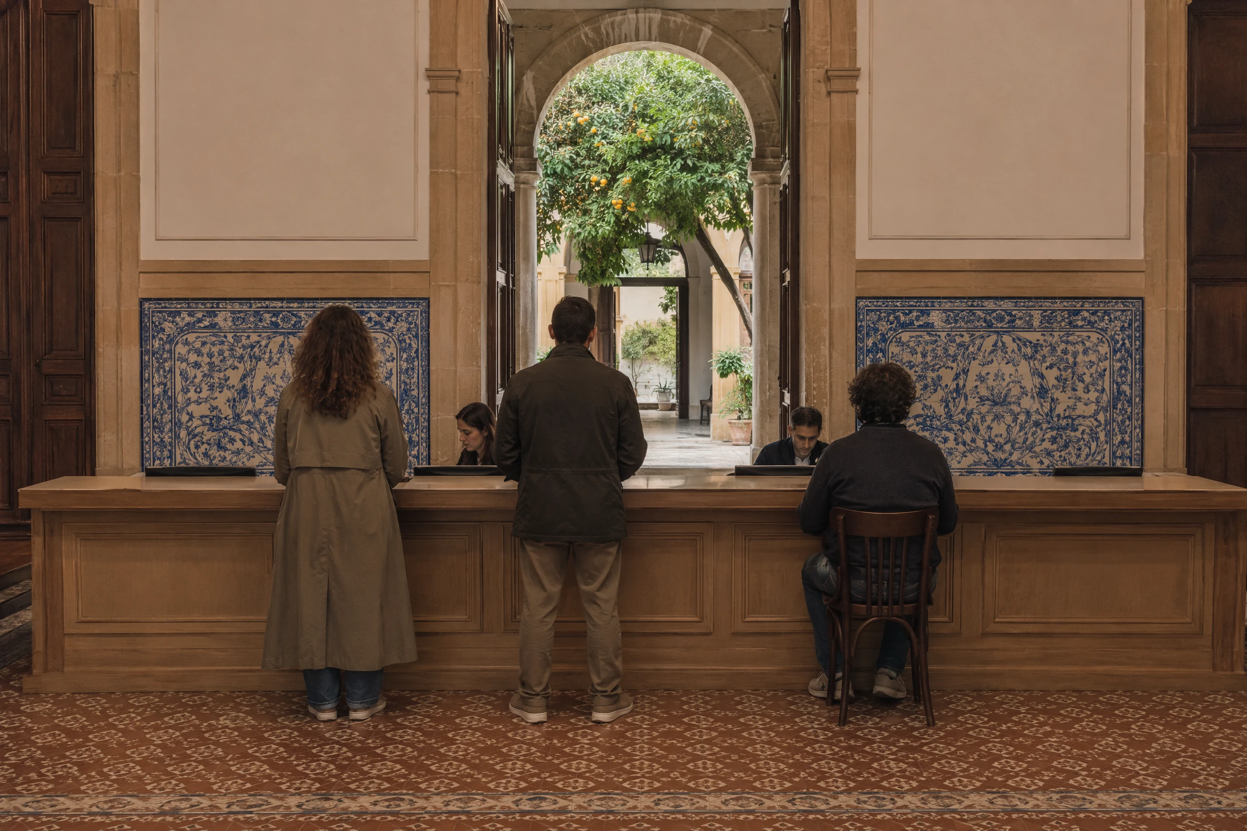 Intérieur d'un bureau administratif valencien avec céramiques bleues et blanches, carreaux hydrauliques et arches en pierre calcaire autour d'une cour à oranger