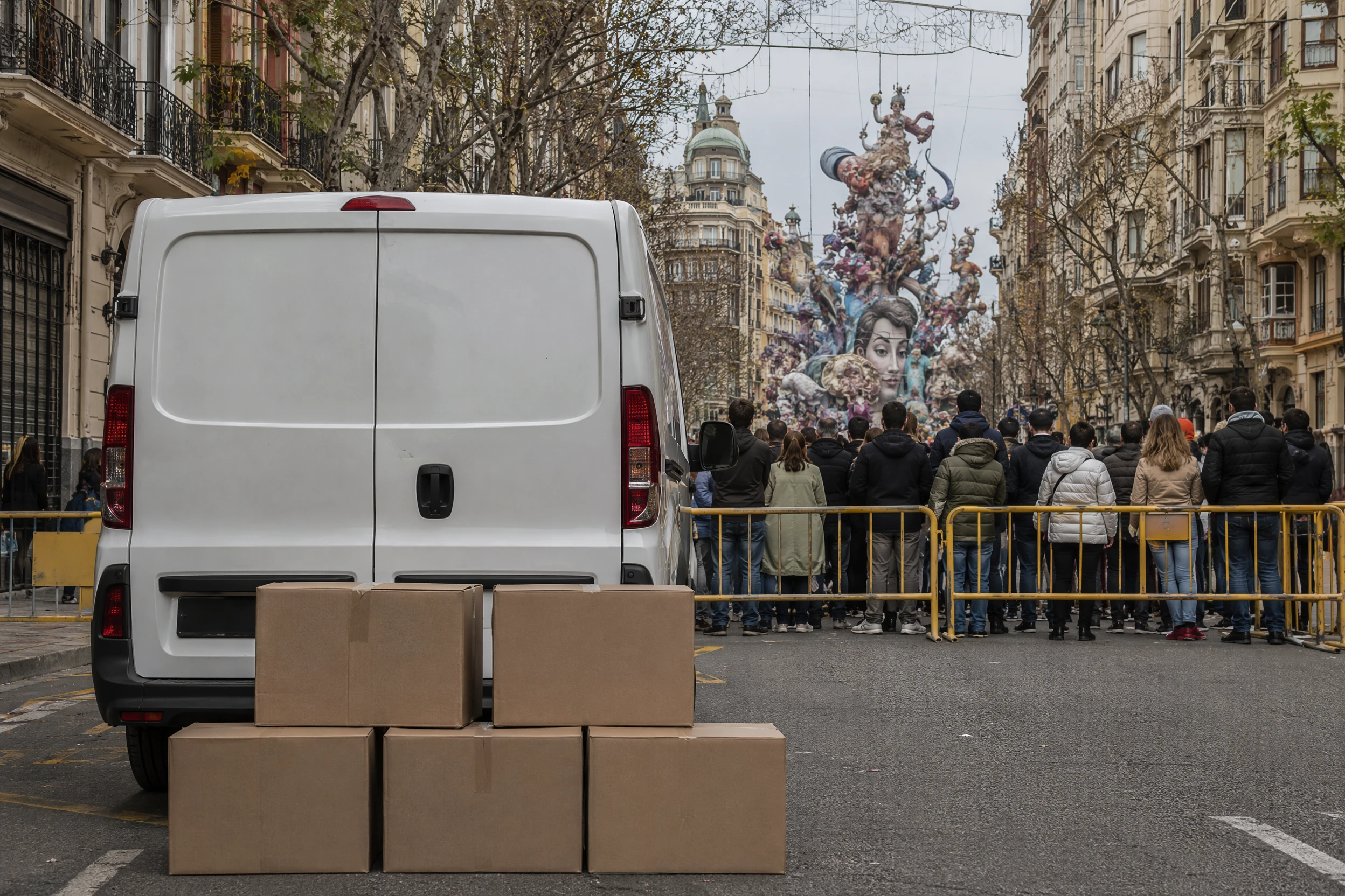 Rue congestionnée pendant Las Fallas à Valencia avec un camion de déménagement, des cartons et des barrières près d'un monument des Fallas