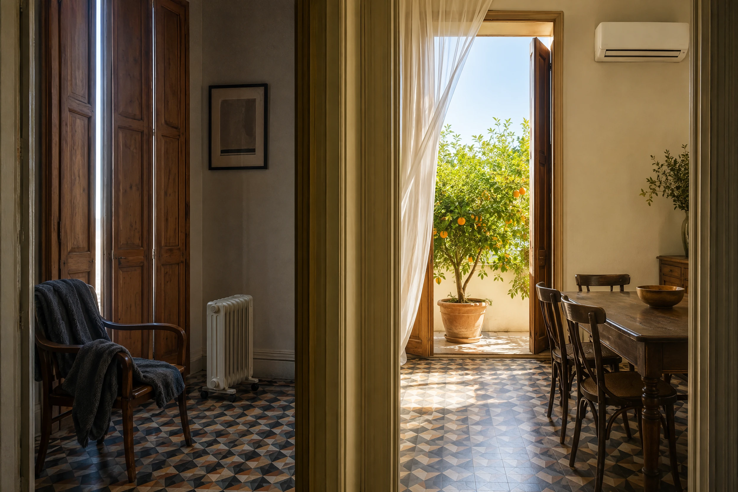 Un appartement valencien ancien opposant un radiateur d'appoint en hiver à une pièce d'été lumineuse et climatisée