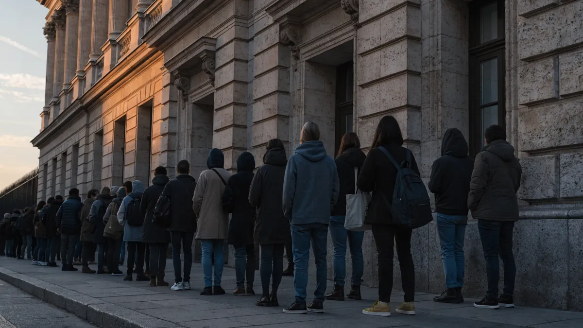 File d'attente tôt le matin devant une administration espagnole