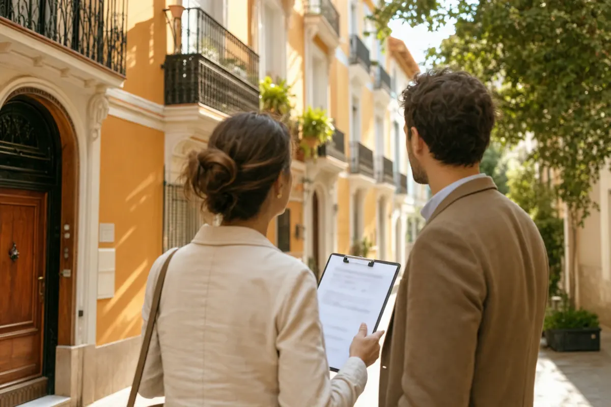 Un couple consultant des documents immobiliers en cherchant un logement dans une rue de Valencia