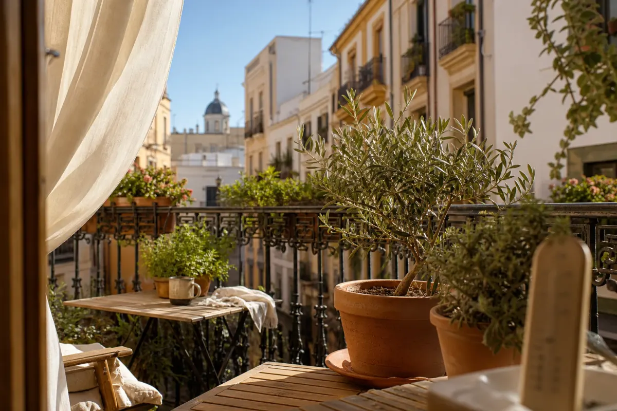 Un balcon ensoleillé à Valencia avec des oliviers en pot et un thermomètre