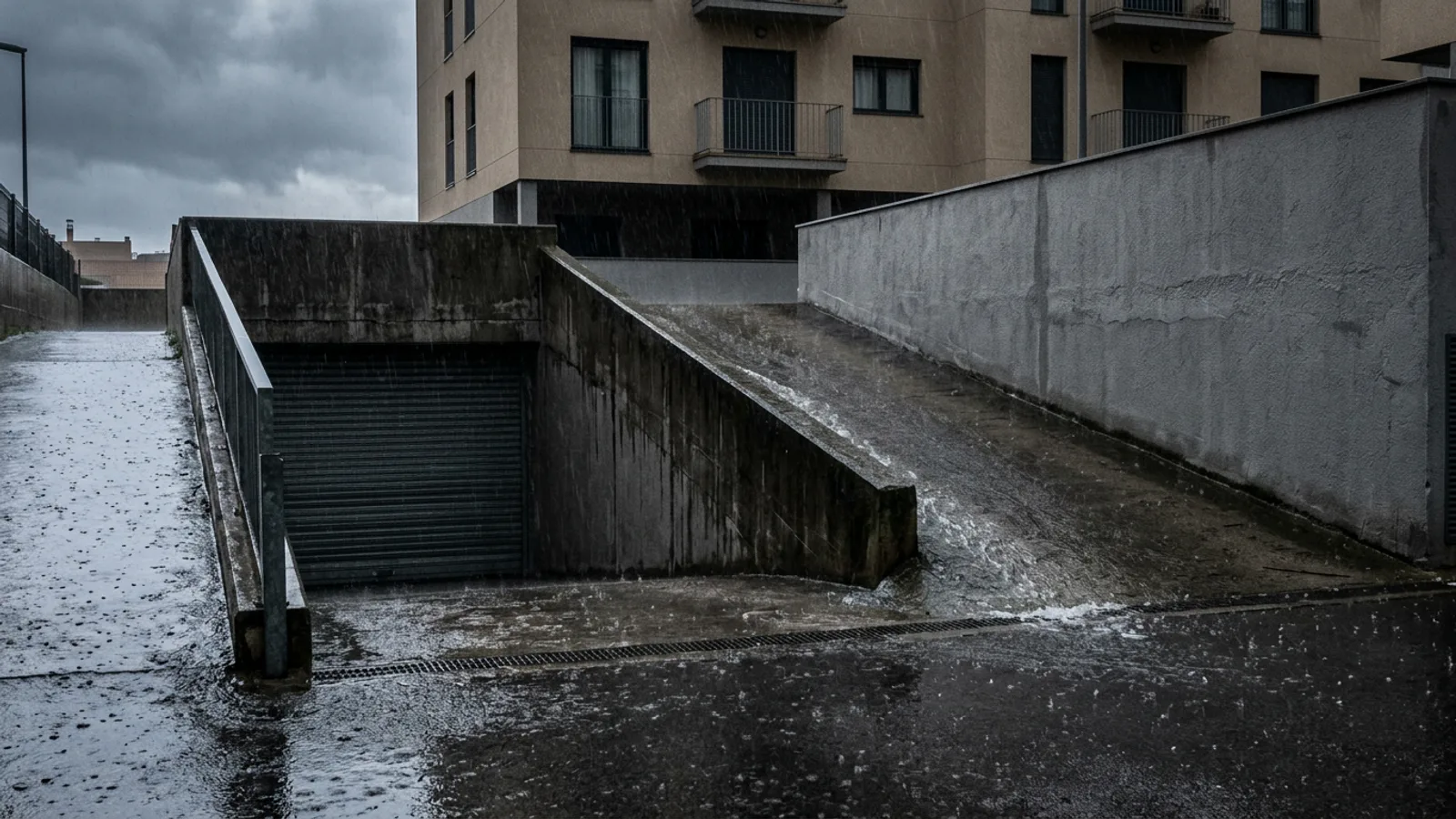 La rampe d'entrée d'un parking souterrain résidentiel sous une pluie battante, l'eau dévalant la pente vers un rideau métallique fermé