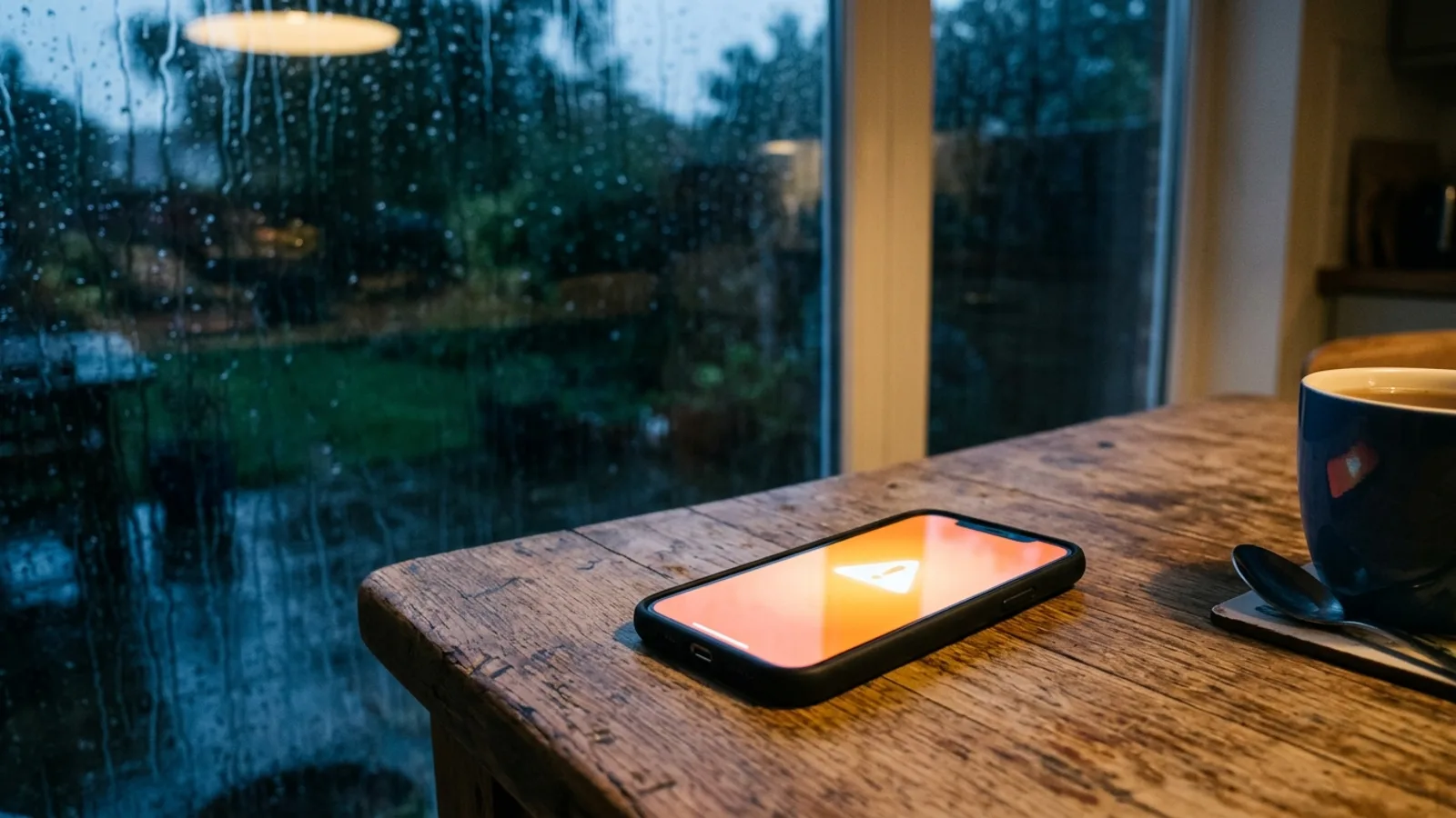 Un smartphone posé sur une table de cuisine affichant un écran d'alerte lumineux, la pluie ruisselant sur la fenêtre derrière