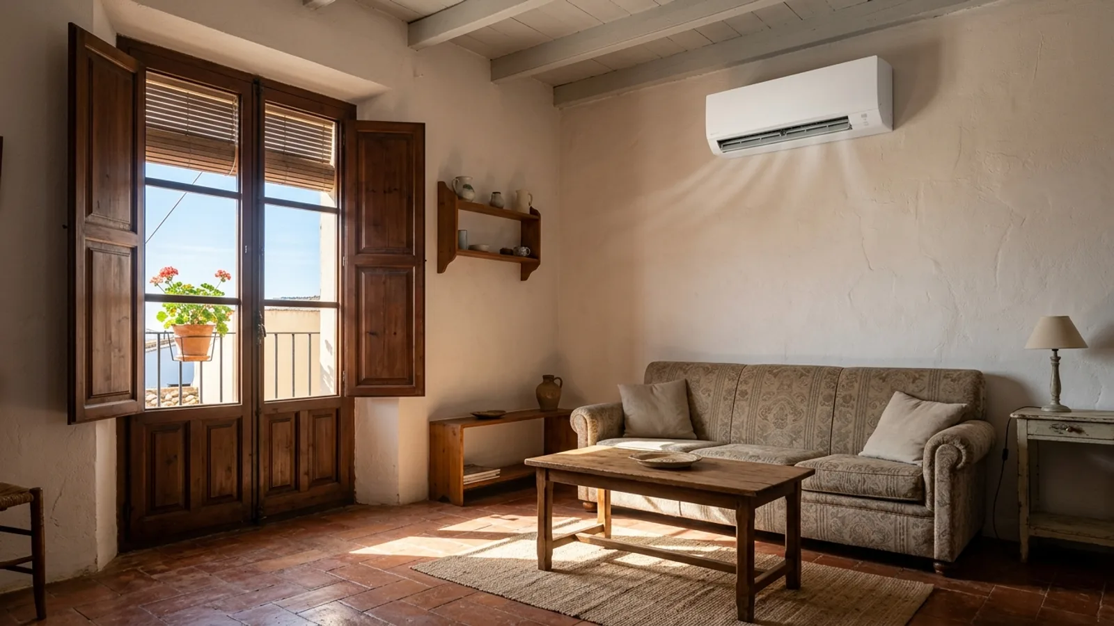 A wall mounted split air conditioning unit in a plainly furnished Mediterranean living room with a tiled floor and a shuttered balcony door