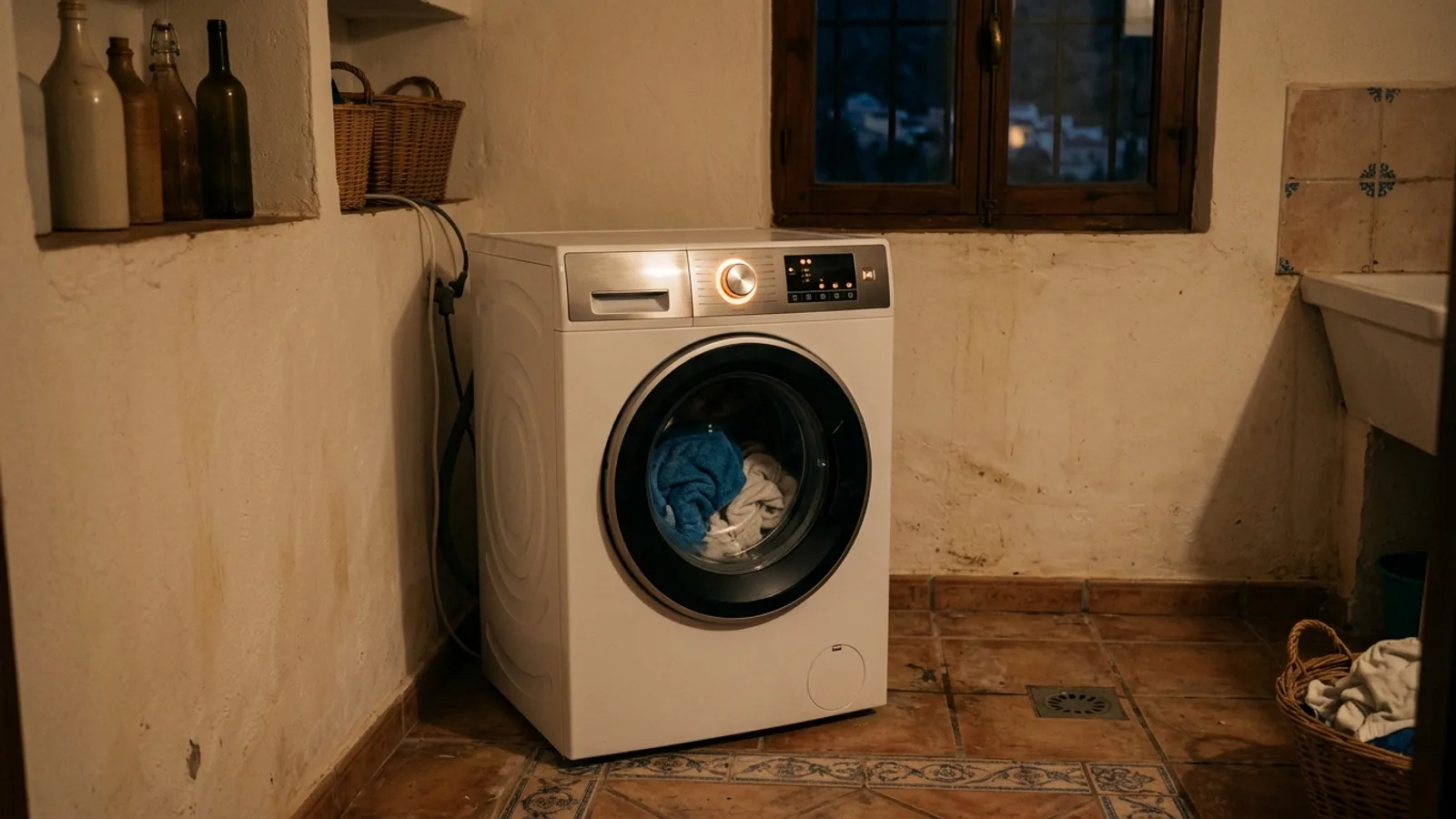 A front loading washing machine in a small tiled utility room at night, its control panel glowing faintly, a dark window above