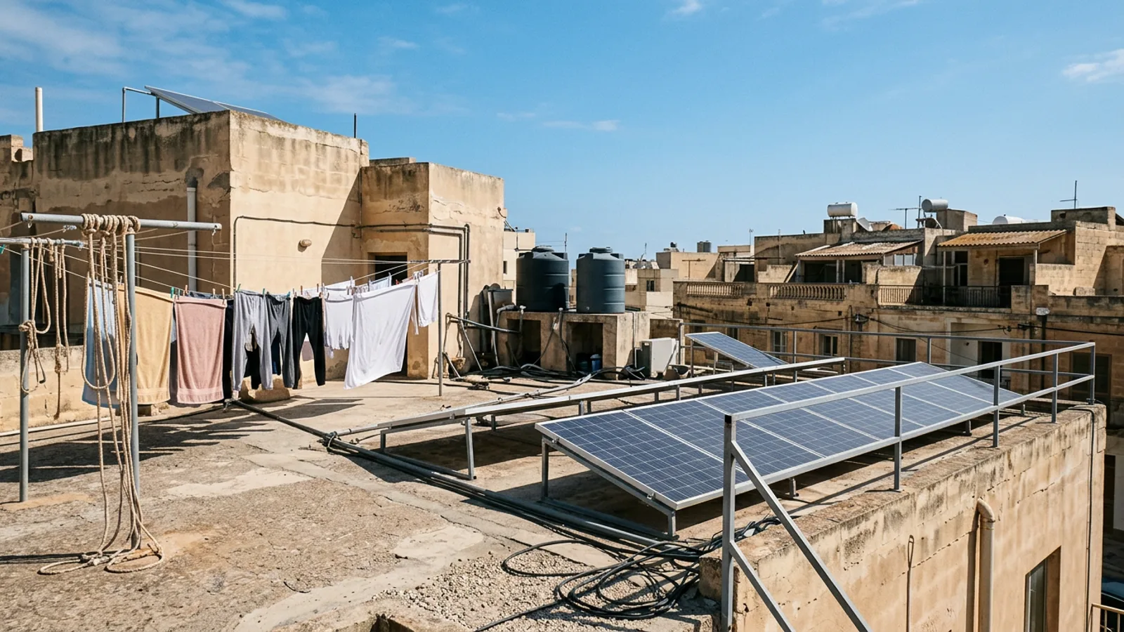 Solar panels mounted on the flat roof terrace of a low rise Mediterranean apartment block, washing lines and water tanks alongside