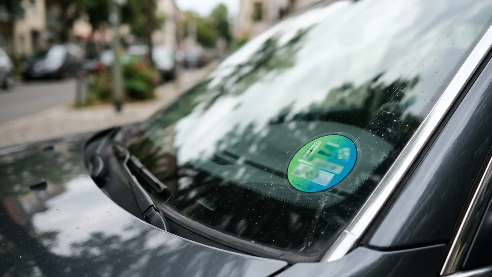 A round environmental classification sticker on the lower corner of a car windshield.