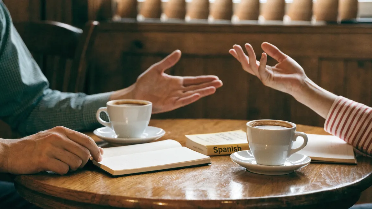 Language exchange over coffee with notebooks at a Valencia cafe