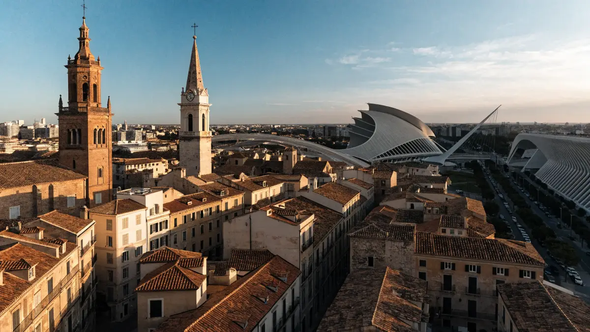 Valencia old town rooftops meeting modern architecture in the distance