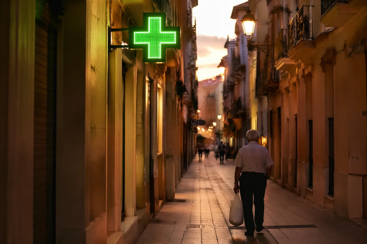Pareja de jubilados recogiendo una receta en una farmacia de Valencia con la sanidad pública gracias al formulario S1