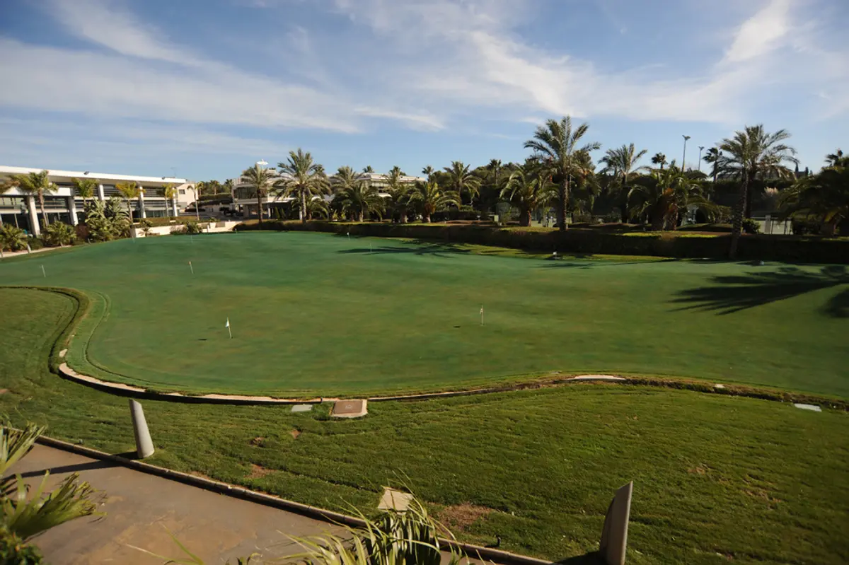 Un green d'entraînement avec des drapeaux, des palmiers et un club-house en arrière-plan, sur un golf de la région de Valencia