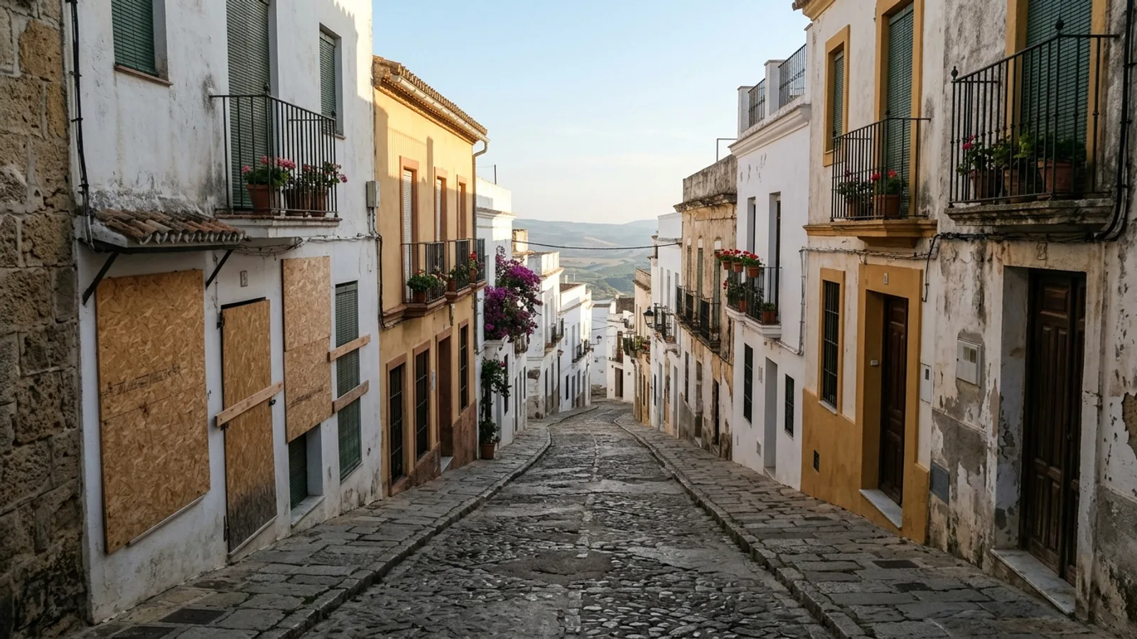 Une rue en pente déserte dans un petit village espagnol au petit matin, volets fermés et devantures protégées par des panneaux de contreplaqué