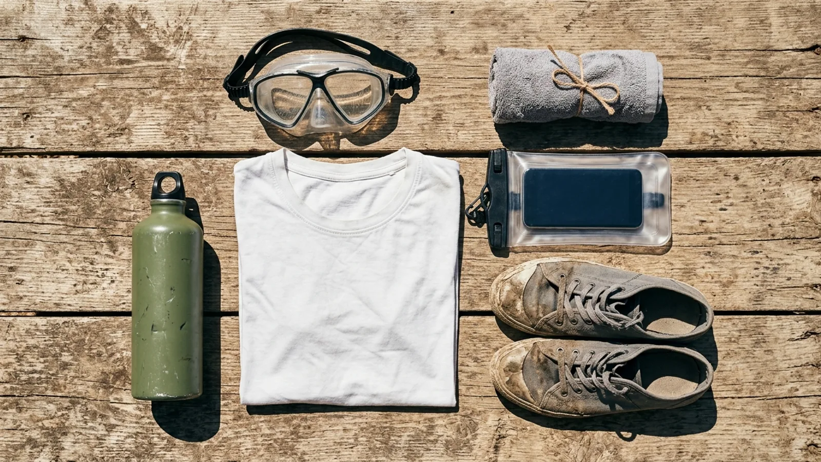 Vue de dessus du matériel de fête sur des planches en bois : lunettes de natation, t-shirt blanc plié, chaussures en toile usées, téléphone dans une pochette étanche, serviette roulée et gourde