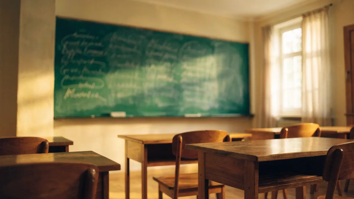 Salle de classe de langues avec un tableau noir dans une lumière chaleureuse