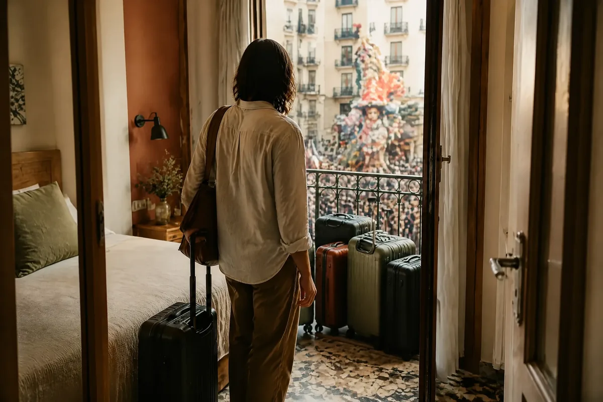 Viajero con maletas contemplando un monumento fallero y la multitud desde el balcón de un hotel en Valencia