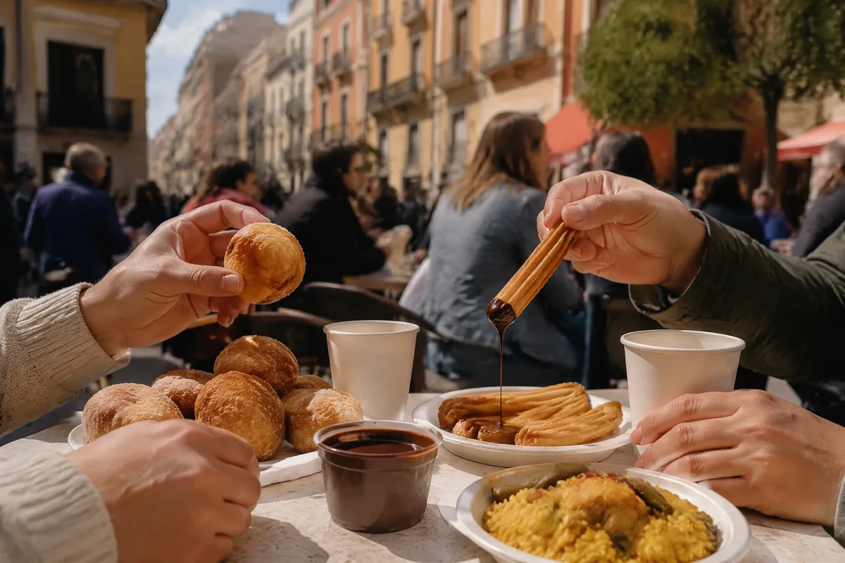 Manos compartiendo buñuelos y churros con chocolate en una mesa callejera durante Las Fallas en Valencia