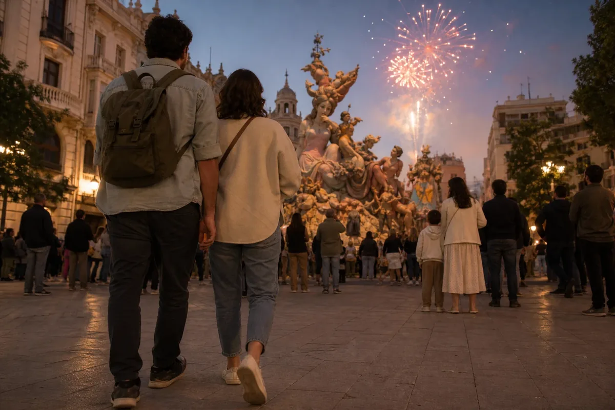 Pareja caminando hacia un monumento fallero iluminado mientras estallan fuegos artificiales al anochecer