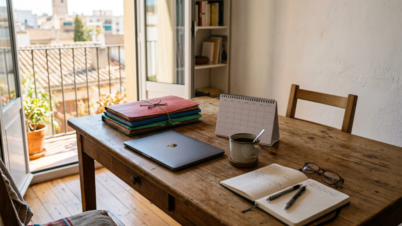 A dining table used as a paperwork station, a closed laptop to one side, stacked document folders, a wall calendar and a cup of coffee in bright apartment light