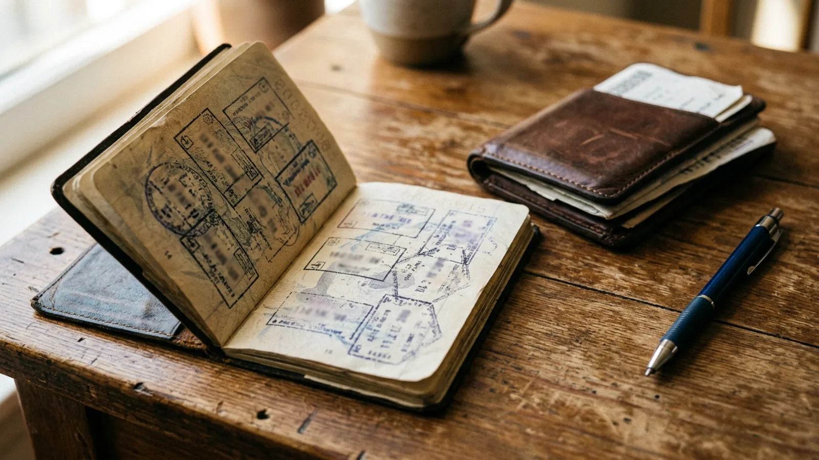 An open passport on a wooden table showing pages filled with entry and exit stamps, a document wallet and a pen beside it