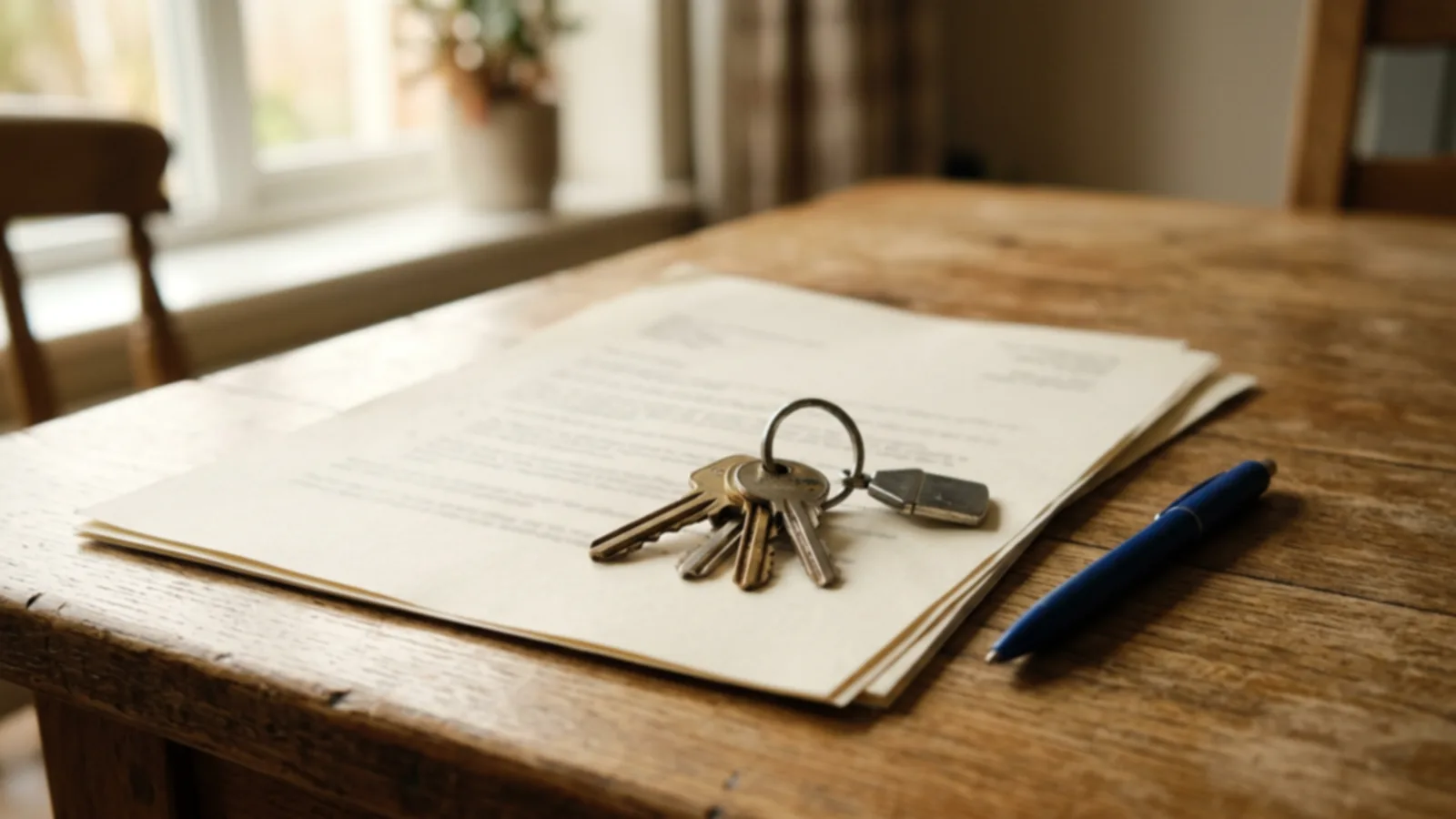 Un jeu de clés posé sur un contrat papier signé sur une table en bois, le texte volontairement flou
