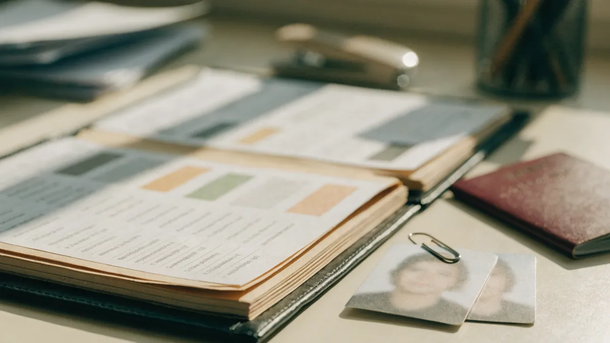 Folder with a visa document checklist, passport photos and a passport
