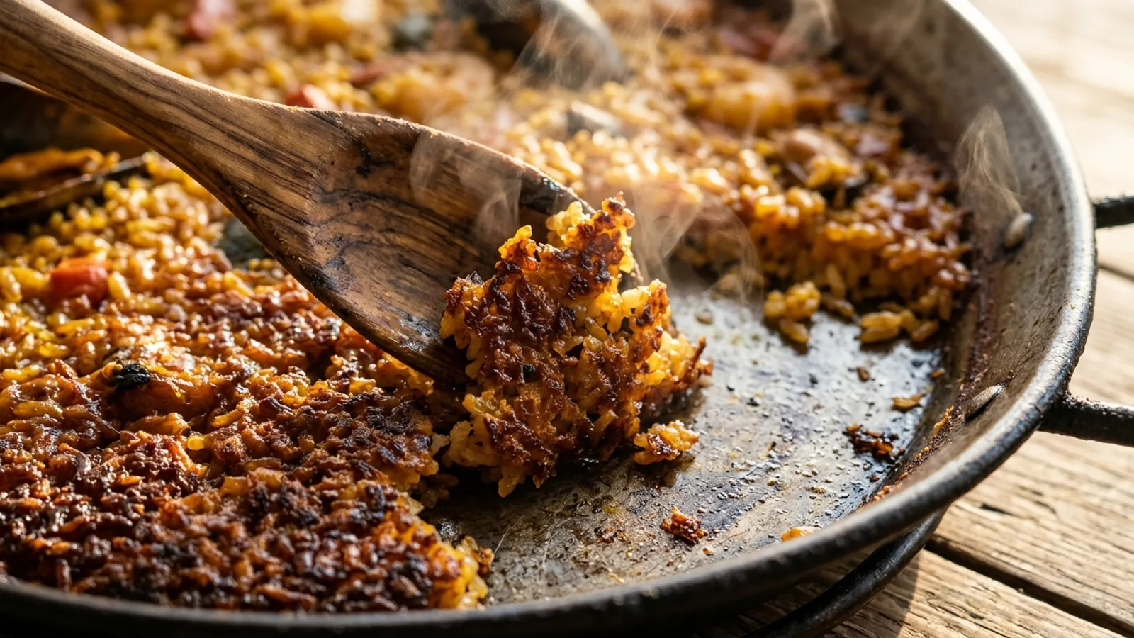 A close-up of a wooden spoon lifting a crisp golden crust of rice from the bottom of a paella pan, steam rising