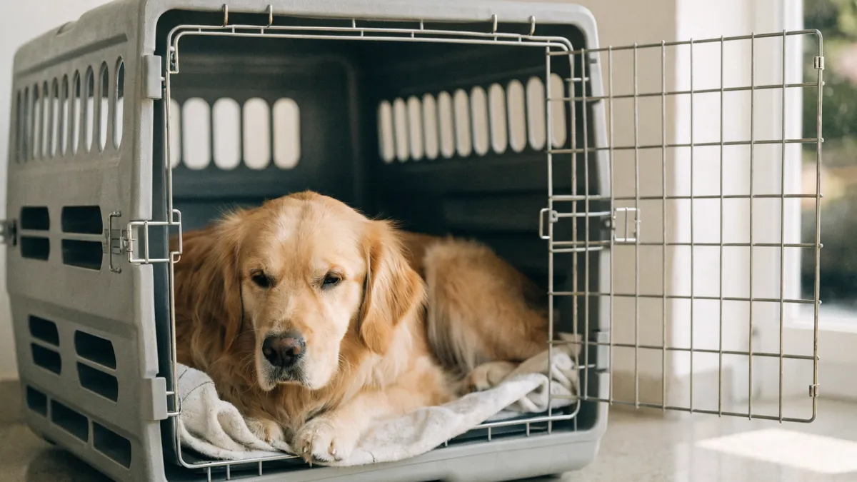 Calm dog resting in an airline approved pet travel crate