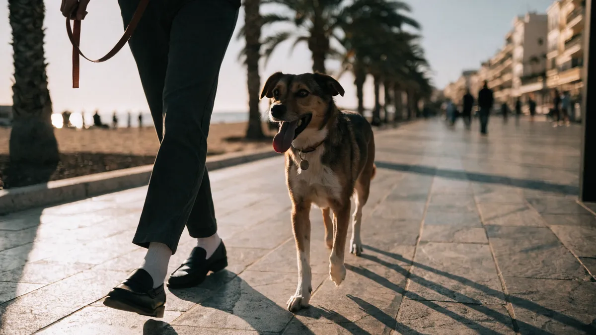 Dog on a leash walking along a palm lined Valencia beach promenade