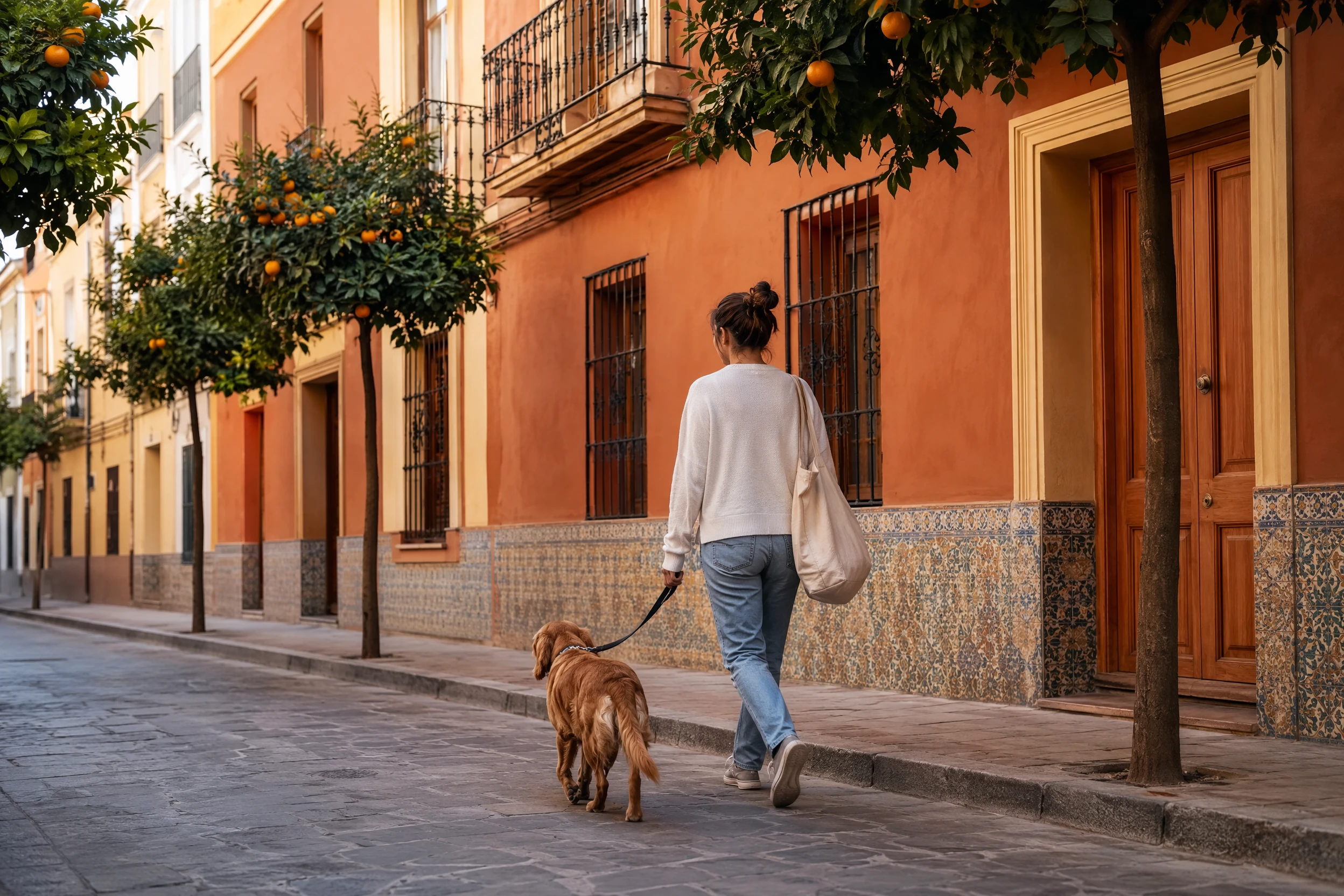 Propriétaire et chien marchant dans une rue résidentielle de Valencia bordée d'orangers