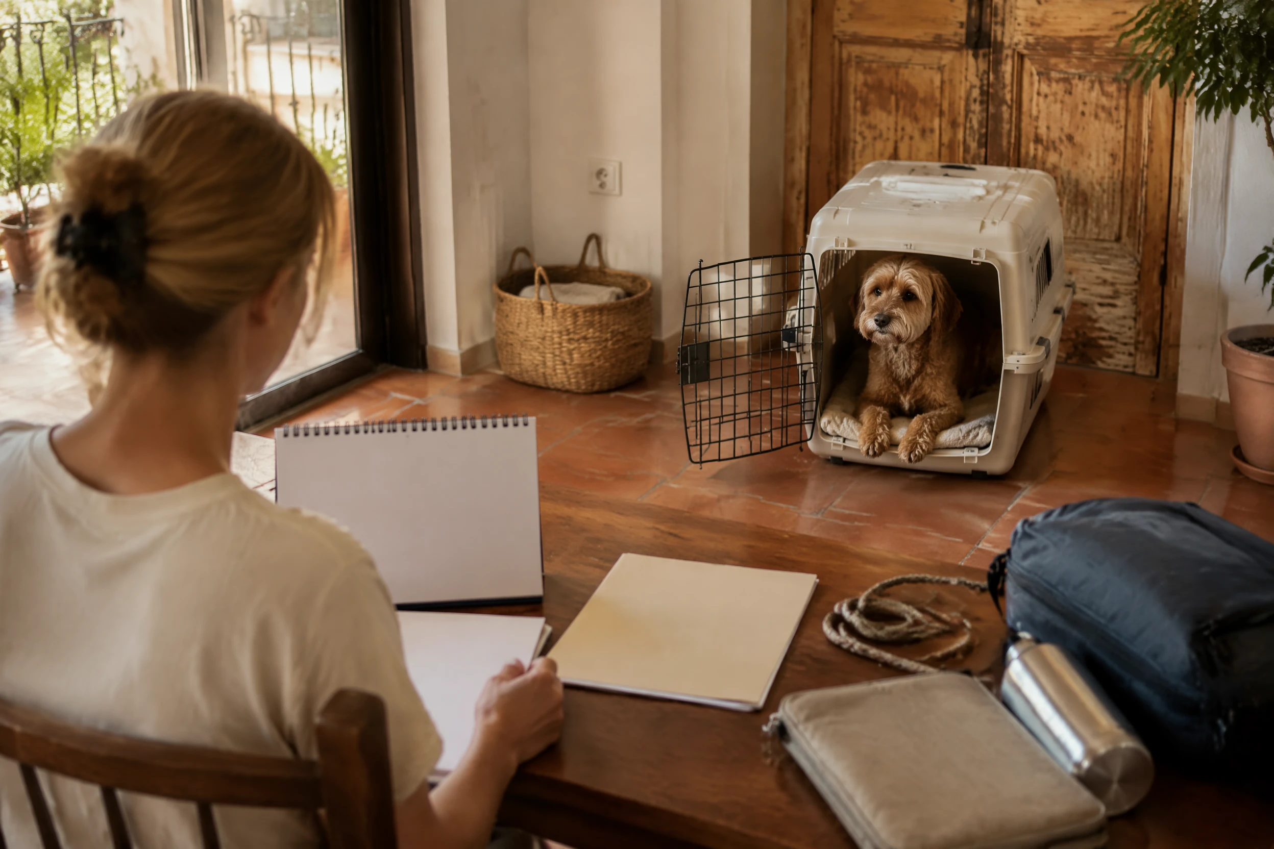 Chiot en dressage de cage à côté de documents de planification de voyage dans un foyer valencien
