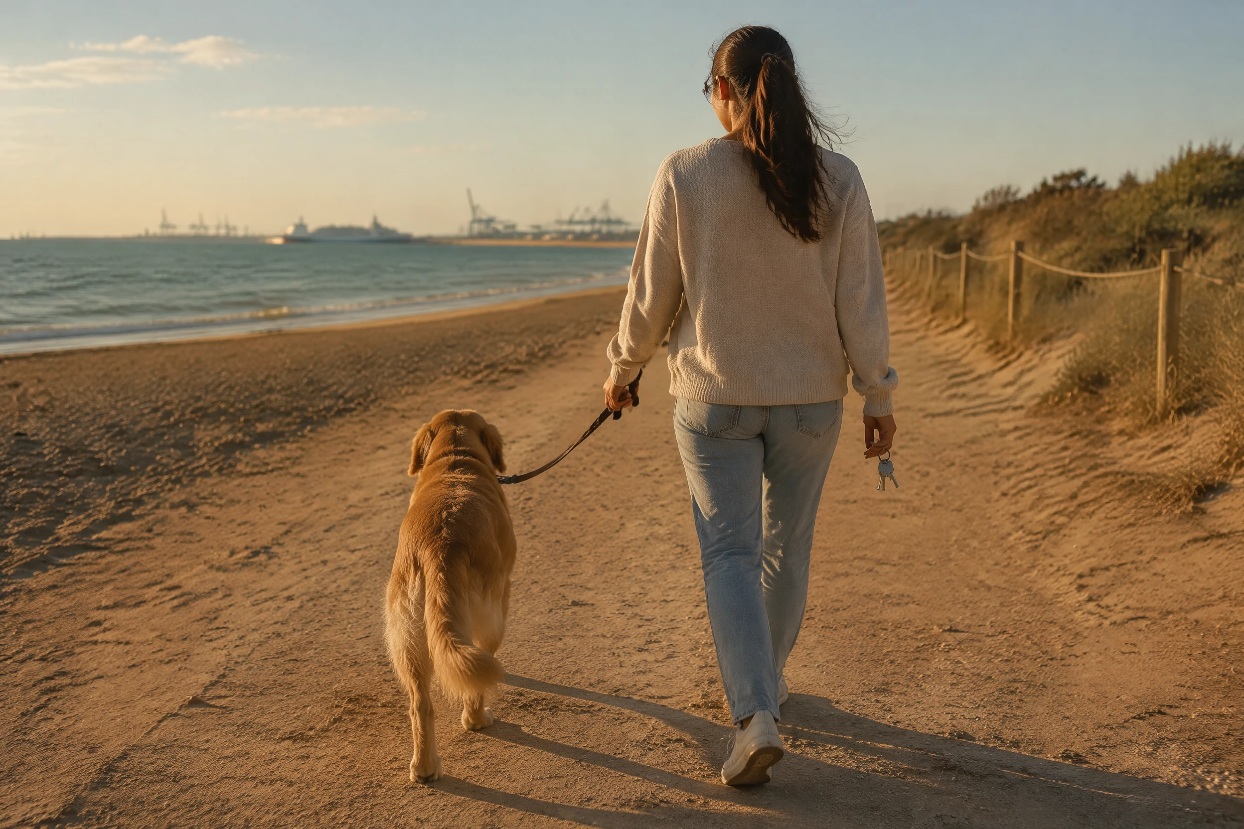 Propriétaire et chien se promenant à la Playa Canina de Pinedo avec le port de Valencia en arrière-plan