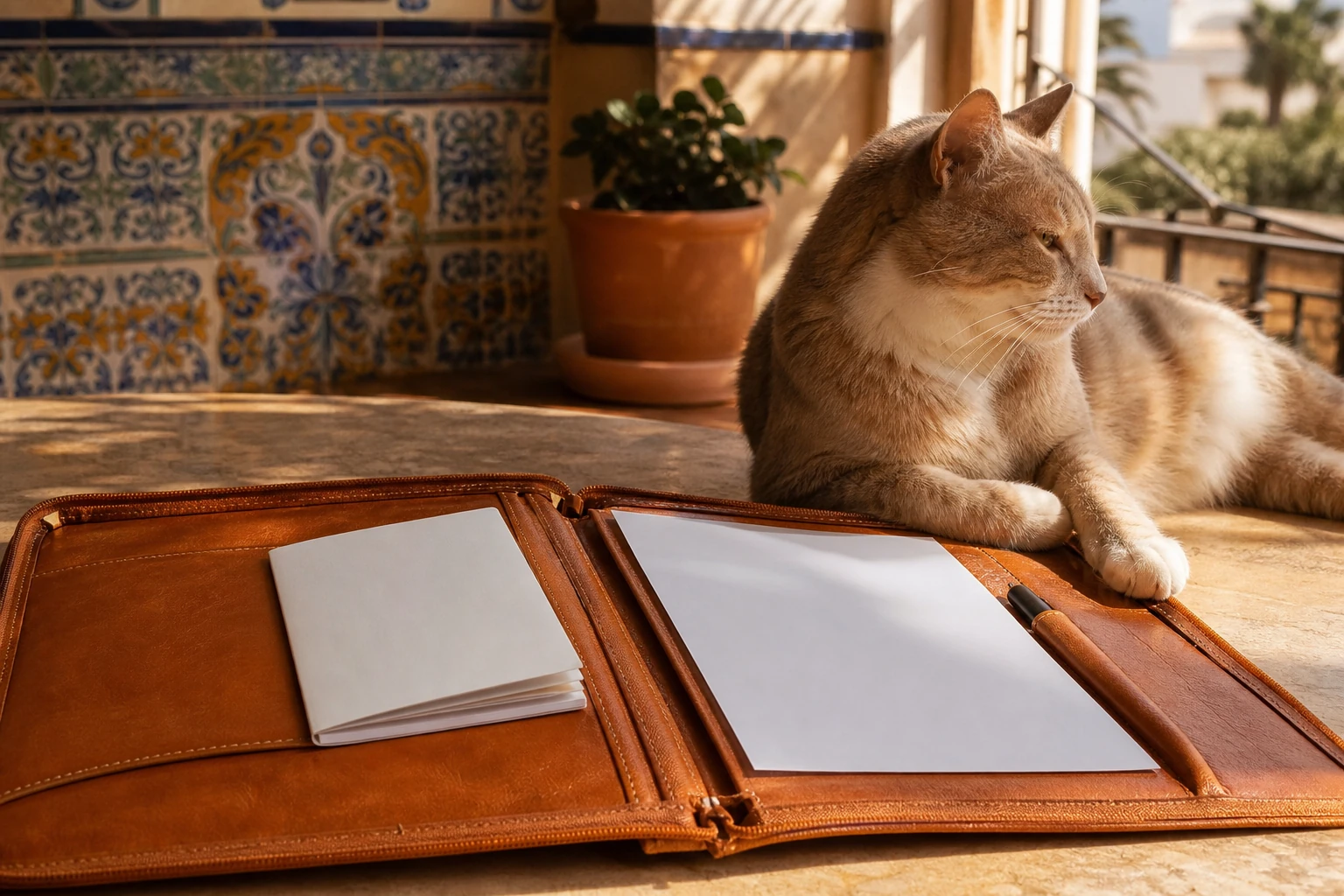 Chat au repos à côté de documents de voyage UE vierges dans un appartement valencien ensoleillé
