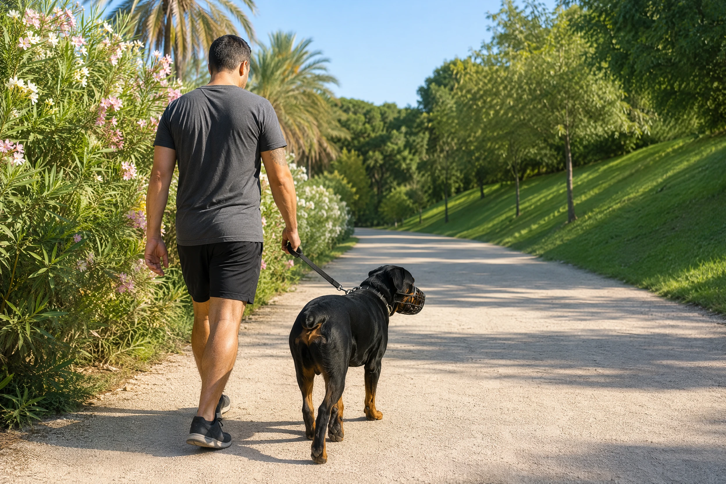 Rottweiler calme avec muselière panier et laisse courte dans les jardins du Turia
