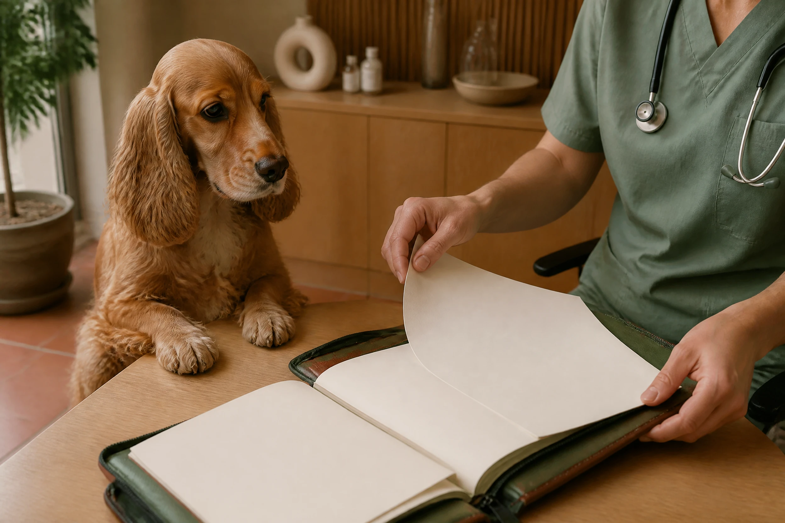 Chien à côté d'un dossier de certificat de santé vierge dans un cabinet vétérinaire à Valencia